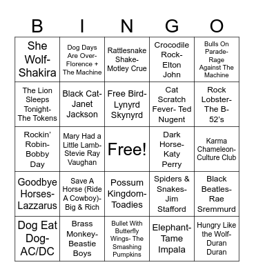 Animal Songs Bingo Card