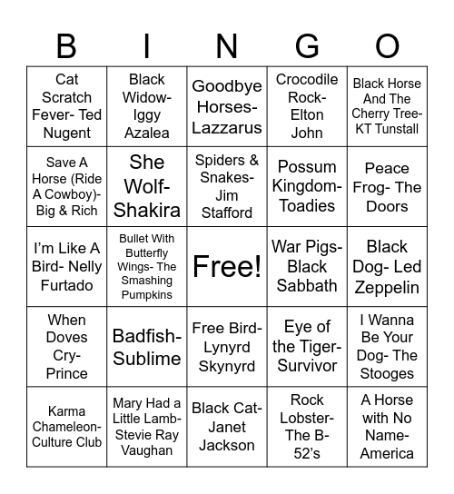 Animal Songs Bingo Card