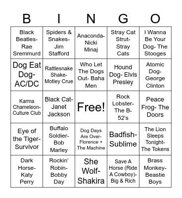 Animal Songs Bingo Card