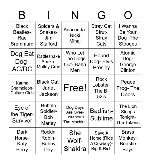 Animal Songs Bingo Card