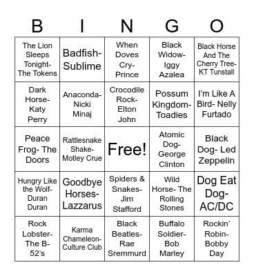 Animal Songs Bingo Card