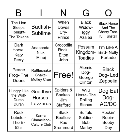 Animal Songs Bingo Card