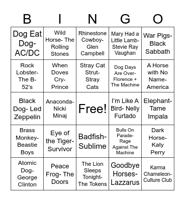 Animal Songs Bingo Card