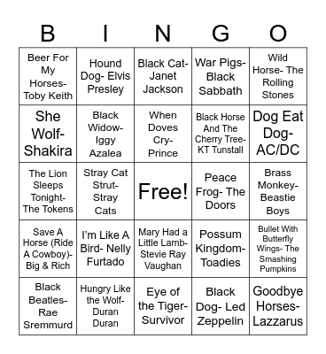 Animal Songs Bingo Card