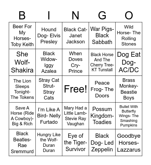 Animal Songs Bingo Card