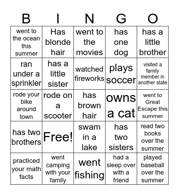 What I did Over the Summer Bingo Card