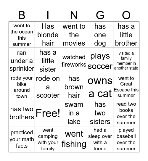 What I did Over the Summer Bingo Card
