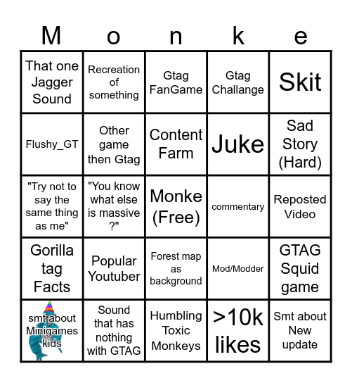 Gorilla tag Shorts Bingo Card