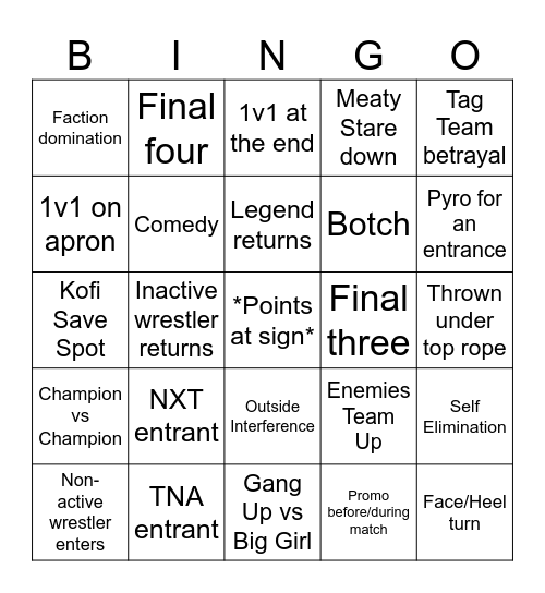 Women's Rumble Bingo Card