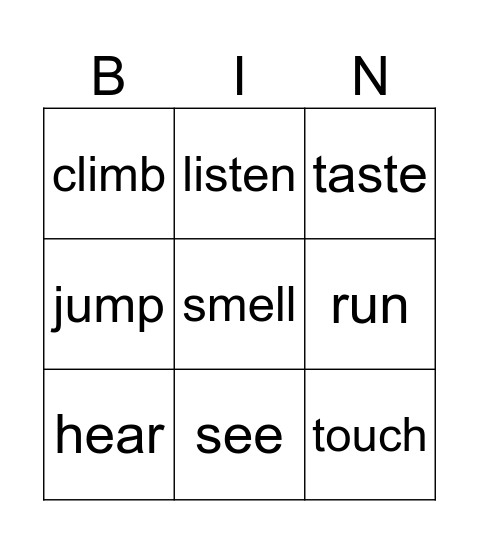 Action verbs Bingo Card