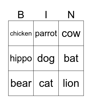 Animals Bingo Card
