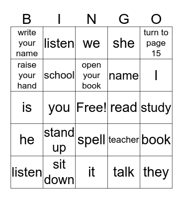 Excellent English Pre-unit Bingo Card