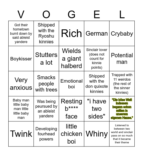 Sinclair kinnie bingo Card