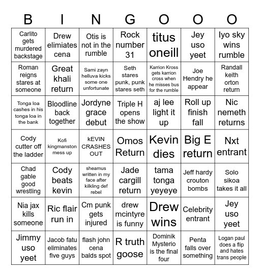 Royal rumbole 2025 Bingo Card