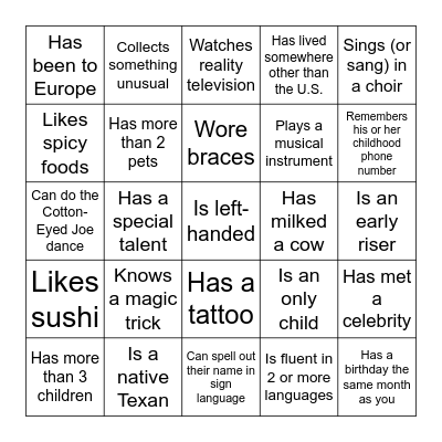 FIND SOMEONE WHO Bingo Card