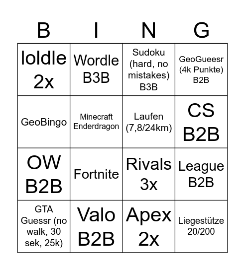 Win challenge Bingo Card