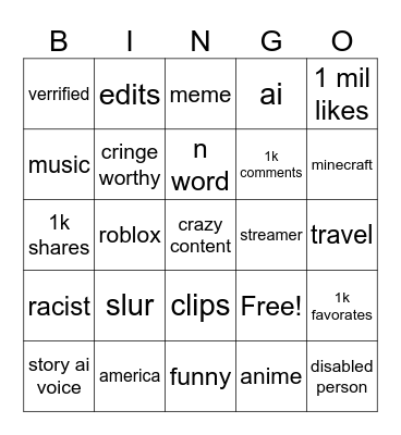 Tiktok Bingo Card