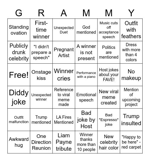 Grammy's 2025 Bingo Card
