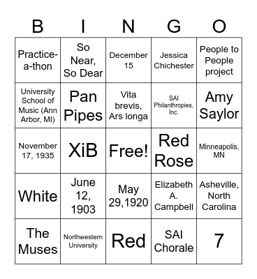 Sigma Alpha Iota Bingo Card