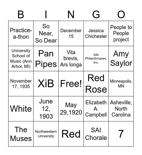 Sigma Alpha Iota Bingo Card