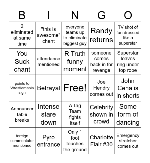 Royal Rumble BINGO Card