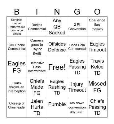 SuperBowl LIX Bingo Card