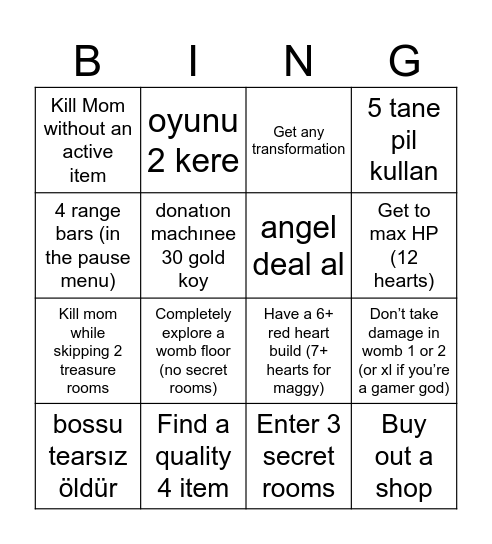 Isaac repentance bingo Card