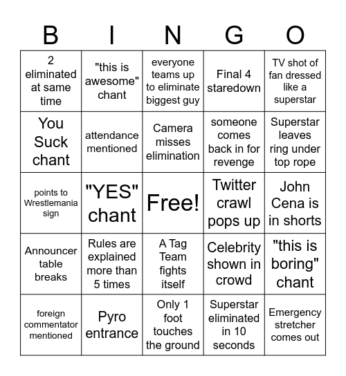 Royal Rumble BINGO Card