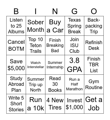 Bingoals 2025 Bingo Card