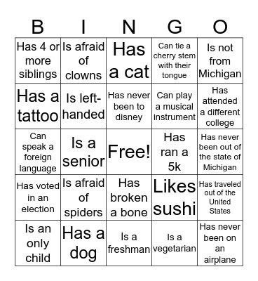 "Get to Know You"  Bingo Card