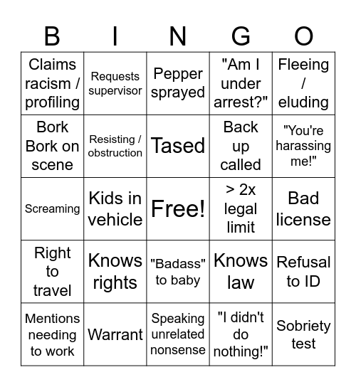 Body Cam Bingo Card