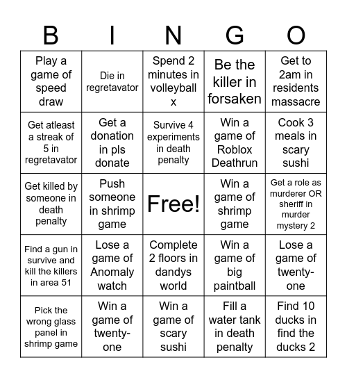 Roblox Bingo Card