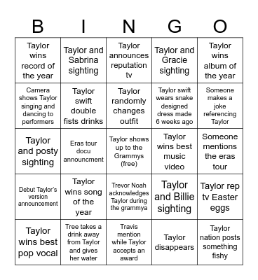 2025 Grammys TayBingo Card