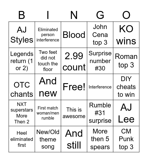 WWE ROYAL RUMBLE Bingo Card