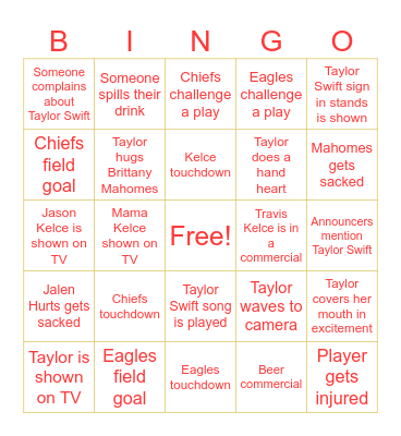Taylor Swift Super Bowl Bingo Card
