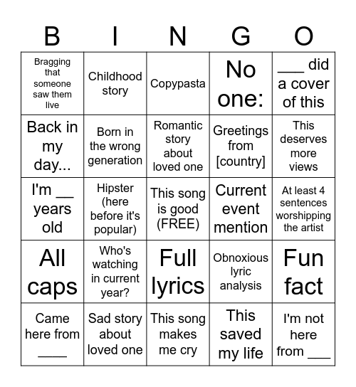 YouTube Song Comment Bingo Card