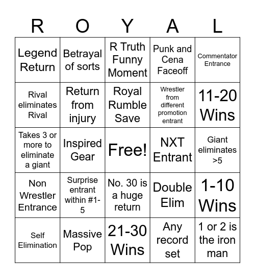 Mens Royal Rumble Bingo Card