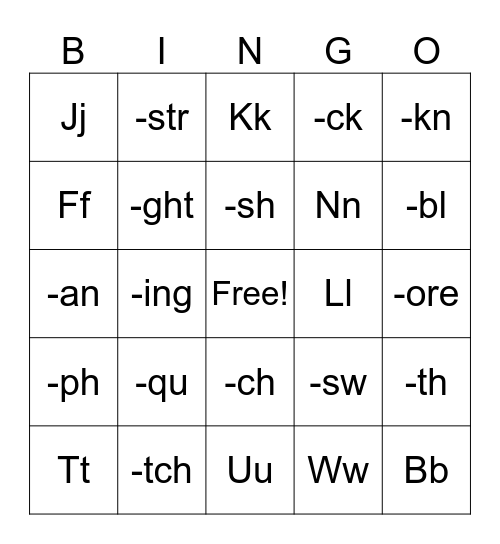 Digraph, Trigraph, Word Pattern, and Consonant Bingo Card