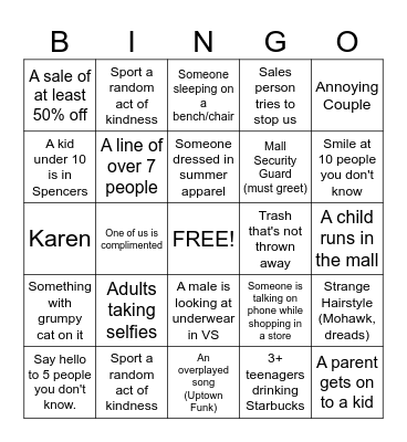 Mall Bingo Card