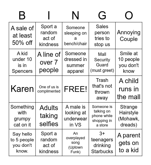 Mall Bingo Card