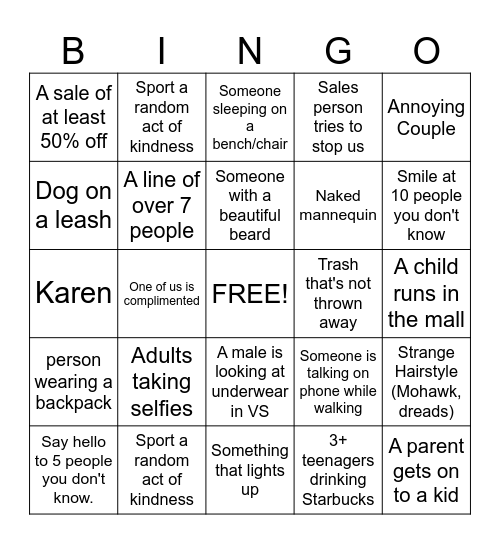 Mall Bingo Card