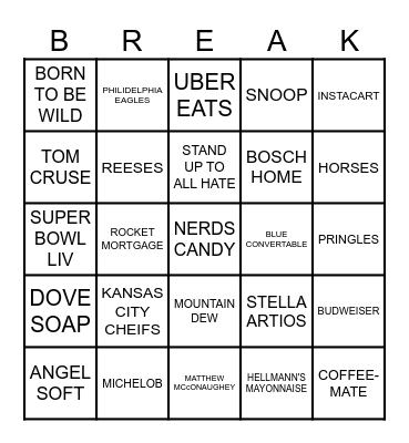 SUPERBOWL COMMERCIAL Bingo Card