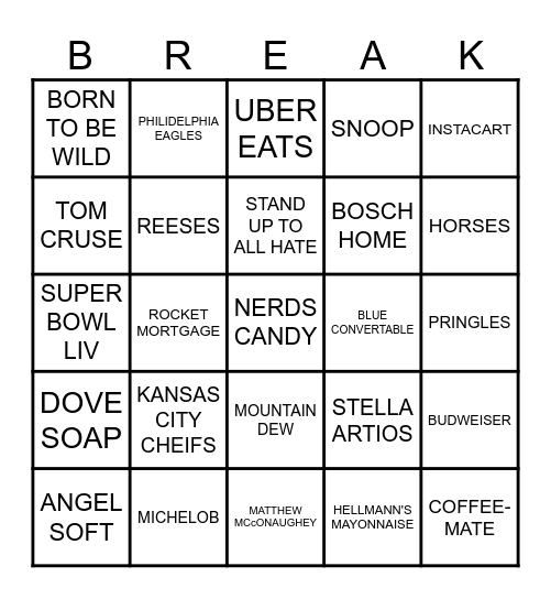 SUPERBOWL COMMERCIAL Bingo Card