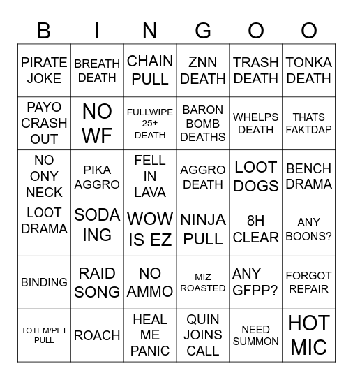 ZNN Onlyfangs Raid BINGO Card