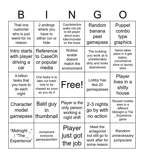 Shitty roblox horror game bingo Card