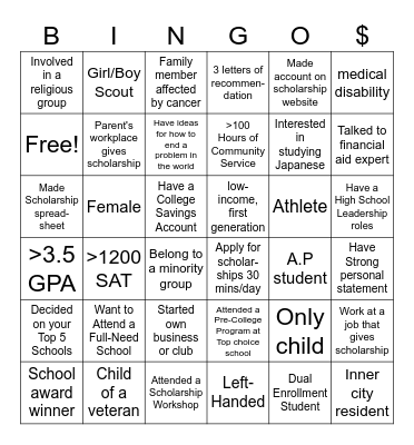 Scholarship Bingo Card