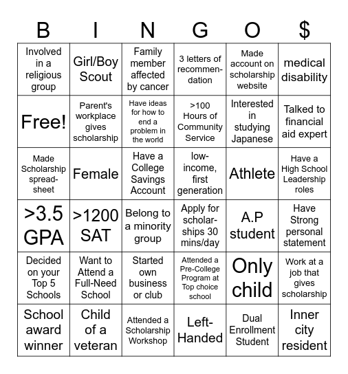 Scholarship Bingo Card
