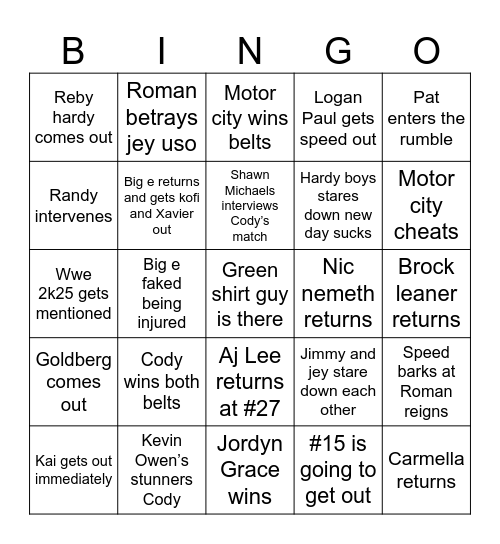 Wwe Bingo Card