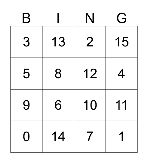 Number Bingo Card