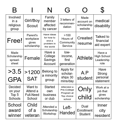 Scholarship Bingo Card